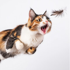 Excited Calico Cat Chasing Toy Feather