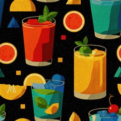 seamless texture lively showcases variety of colorful 80s party cocktails. each drink is complemented by fruit garnishes and geometric shapes, perfect for retro-themed designs generative ai