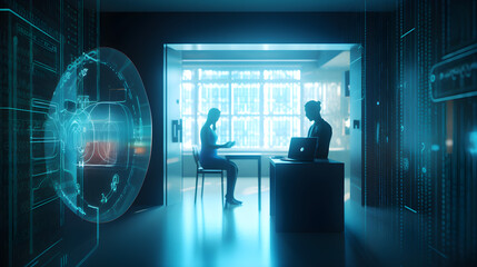 Data officer accessing a secure digital vault, unlocking confidential files with multi-factor authentication and encryption protocols displayed on virtual security interface.