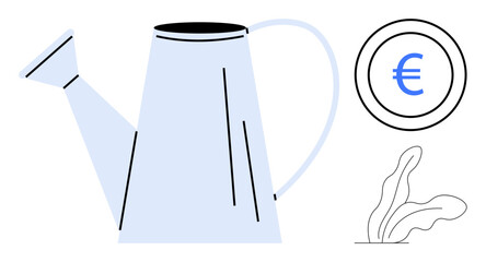 Watering can placed beside a sprouting plant and a euro-marked coin conveying nurturing, investment, and growth. Ideal for finance, savings, eco-friendliness, agriculture, profit, sustainability