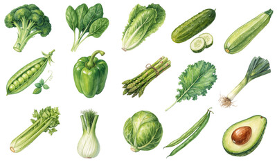 Watercolor Green Vegetables Clipart Set for Healthy Food Projects