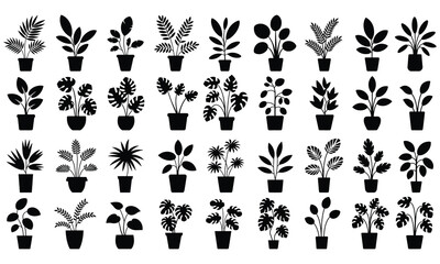 Houseplant silhouette, Plants in pots silhouette vector, Set of potted plants silhouette isolated on white background