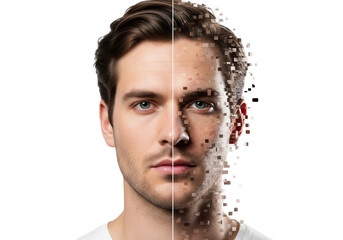 Digital Transformation Man's Face Pixelating into Abstract Art