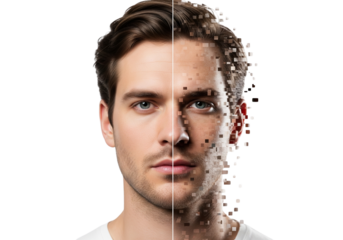 Digital Transformation Man's Face Pixelating into Abstract Art