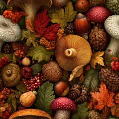 seamless richly textured autumn elements like colorful mushrooms, vibrant leaves, and pine cones combine to create seasonal backdrop. nature's vivid colors shine in design generative ai