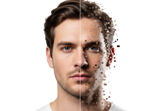 Digital Transformation Man's Face Pixelating into Abstract Art