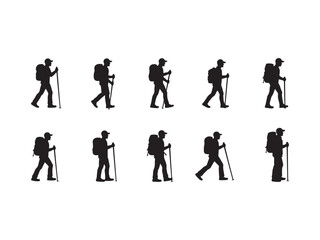 Ten black silhouettes of hikers with backpacks and trekking poles