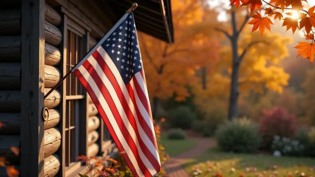 American flag on rustic log cabin during autumn. Log cabin exterior with waving US flag and colorful fall foliage. Patriotism concept image for Thanksgiving or Veterans Day celebrations.
