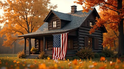 Rustic log cabin home with American flag displayed on porch. Cozy autumn scene with vibrant fall foliage surrounding house. Perfect image for real estate brochures, home decor websites, - Powered by Adobe