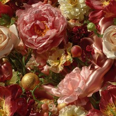seamless beautiful arrangement of flowers in shades pink and red, along with silk accents decorative elements. perfect for creating elegant wedding-themed designs backgrounds generative ai