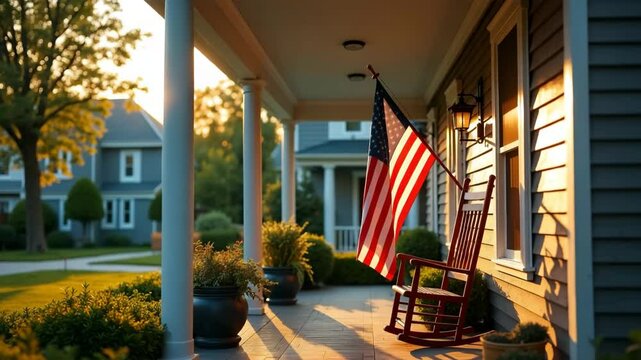 American flag on porch of suburban home at sunset. Red rocking chair sits on porch with flag gently waving in breeze.