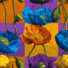 seamless texture colorful poppy flowers in vibrant hues create lively and chaotic suitable for backgrounds. the bold patterns showcase blend of blue, orange, purple, yellow generative ai