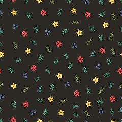 Night garden flowers bloom seamless pattern. Dark floral vector surface design of bright pink yellow flowers