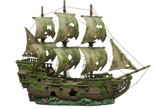 Detailed sunken shipwreck aquarium ornament, featuring a realistic, mossy wooden pirate galleon decor. Isolated on white or transparent background. PNG format.