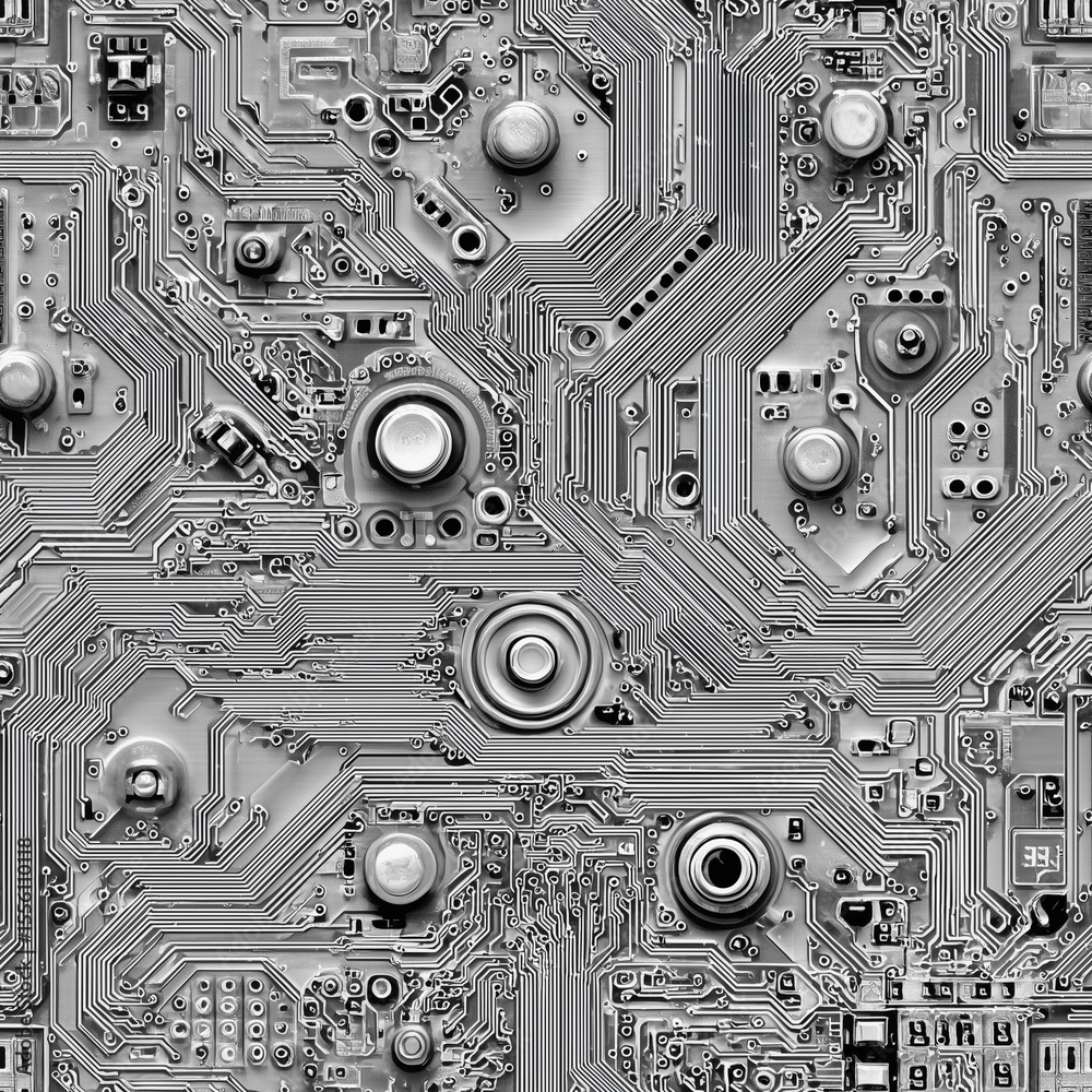 Poster seamless design features pattern showcasing circuit board with complex white line work against gray 