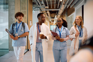 Diverse medical students going on internship in hospital.