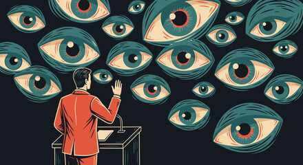 Social phobia illustration man giving presentation to giant eyes.  Man speaks to large eyes floating in dark space.  Intense gaze creates social phobia feeling for presentation.