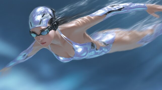 Futuristic Mermaid Swimming Coach Gliding Through Indoor Aquatic Training Pool