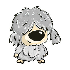 Fluffy grey Old English Sheepdog smiling isolated cartoon illustration