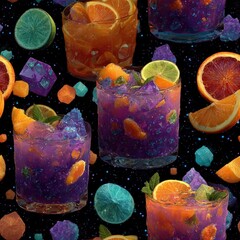 seamless texture brightly colored cocktails fill the scene with lively 80s vibe, featuring citrus slices and vibrant ice cubes against dark backdrop. enhances party settings generative ai