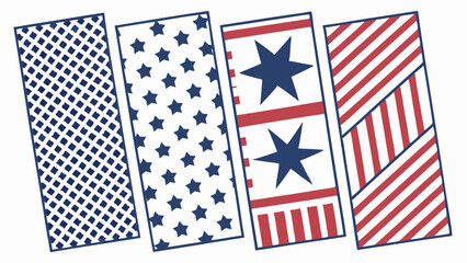 Four patriotic patterns with stars stripes and diamond grid on white background american