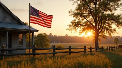 American flag waving proudly at sunrise over rustic farmhouse. Patriotic scene features rural home, wooden fence, and golden field. Perfect image for Independence Day celebrations, - Powered by Adobe