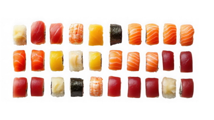 Assortment of delicious sushi rolls and nigiri isolated on transparent background