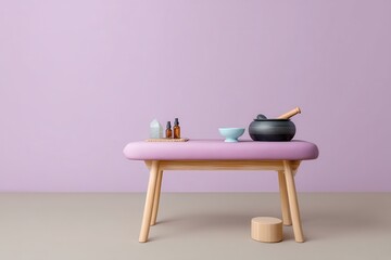 Modern Lavender Massage Table with Essential Oils and Wellness Tools in Calming Space