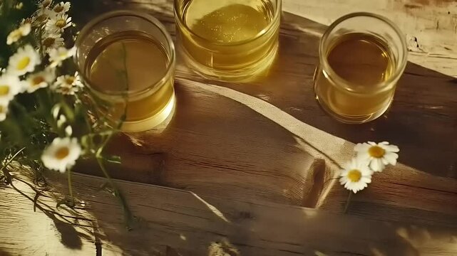 Golden Elixir: Refreshing Herbal Infusion with Natural Sunlight and Daisy Charm
