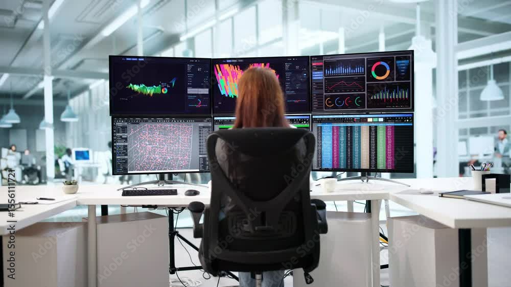 Poster researcher woman using 3d chart visualization software