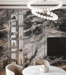 Vertical shelving niches with decorative lighting, integrated into a dramatic dark marble wall....