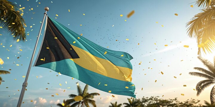 National day celebration July 10, Bahamas; Caribbean Island Flag with Confetti