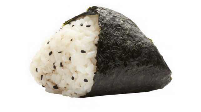 Japanese onigiri rice ball wrapped in nori seaweed with sesame seeds isolated on transparent background