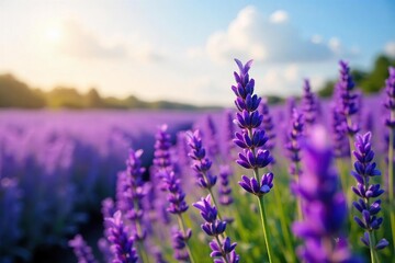 Obraz premium Serene Lavender Field Purple Blossoms Swaying Gently in Summer Breeze, Stunning Natural Landscape Perfect for Relaxation and Aromatherapy