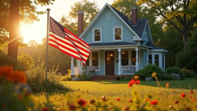 American home with flag waving in evening sun.  Charming house features classic architecture and welcoming porch.  Patriotic scene perfect for real estate marketing or Independence Day celebrations.
