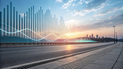 Stock market data analysis and financial graph on city skyline background for business and investment