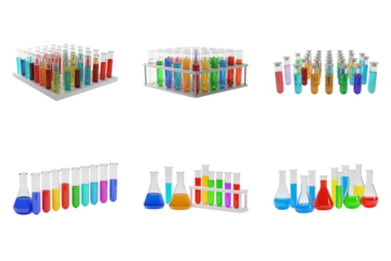 Lab glassware in study: A collection of scientific instruments and tools. A variety of beakers and test tubes, filled with vibrantly colored liquids, arranged on a flat surface.