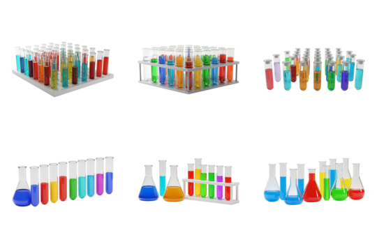 Lab glassware in study: A collection of scientific instruments and tools. A variety of beakers and test tubes, filled with vibrantly colored liquids, arranged on a flat surface.