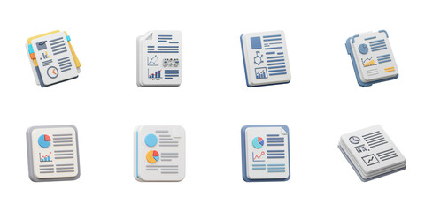 Business Report Icons: A set of eight isometric icons representing various types of business reports, perfect for presentations, websites, and applications.  Each icon showcases a unique design.