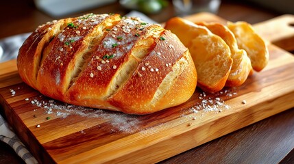 sliced herb bread loaf closeup in golden brown tones appetizer concept