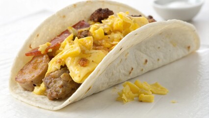 Photo of breakfast taco filled with scrambled eggs sausage and bacon on a white plate