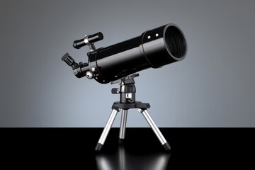 Skywatcher Pulse Telescope Mounted on Silver Tripod Featuring Sleek Design on Reflective Black Surface