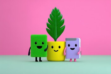 Smiling Plant and Happy Stationery Characters Collaborate in Colorful Eco Friendly Setting