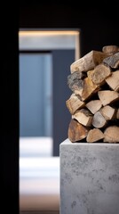 Stacked Firewood Pile Resting on Concrete Block in Minimalist Indoor Setting