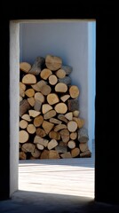 Stacked Firewood Through Shadowed Doorway on Sunny Deck Emphasizing Sustainable Energy