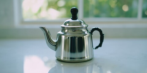 Stainless Steel Kettle Sitting Centered on Sleek Kitchen Countertop Reflecting Natural Light