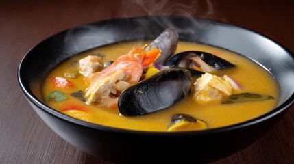Steaming Bouillabaisse Bowl Featuring Fresh Mussels Shrimp and Fish on Dark Wood Table