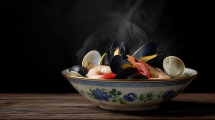 Steaming Bouillabaisse Bowl with Fresh Mussels Shrimp and Clams on Dark Wood Table