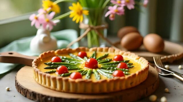 Easter quiche with asparagus and cherry tomatoes on wooden board. Festive Easter quiche decorated with fresh asparagus and ripe cherry tomatoes.