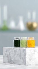 Superfood Powders Spirulina Moringa Turmeric Display on Marble Podium in Laboratory Wellness Setting